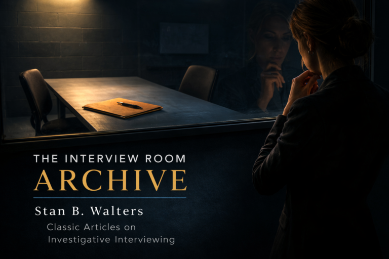 The Interview Room Archive banner showing a two-way mirror view of an investigative interview room with table and case file as a female investigator observes, representing classic investigative interviewing articles by Stan B. Walters.