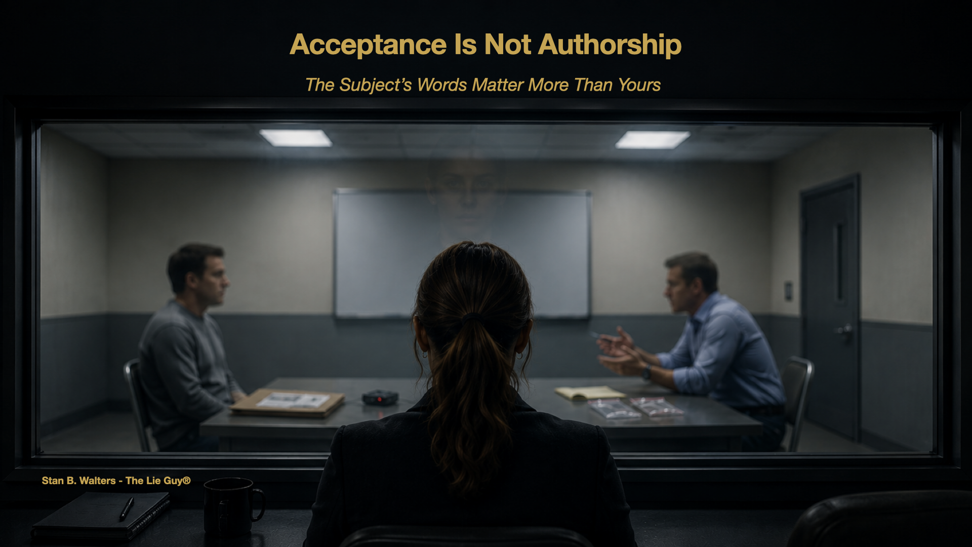 Supervisor observes an investigative interview through a two-way mirror while an interviewer and subject sit across a table, emphasizing statement reliability and the importance of preserving the subject’s own words.