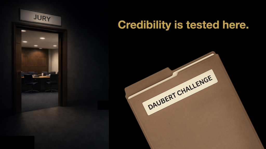 Jury room image with a Daubert Challenge folder and the phrase Credibility is tested here