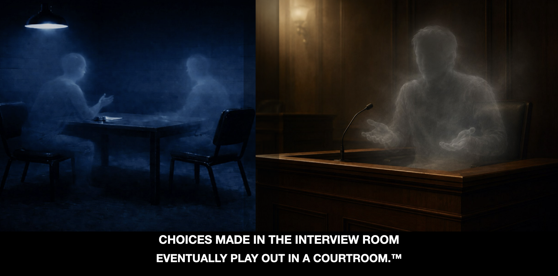 Ethereal interview-room figures transition into a ghostlike courtroom witness, illustrating how choices made in investigative interviews can later play out in court.