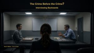 The Crime Before the Crime? Interviewing Backwards – investigator observing a subject interview through a one-way mirror, illustrating how effective investigative interviewing techniques can uncover the decisions and planning that preceded the criminal event.