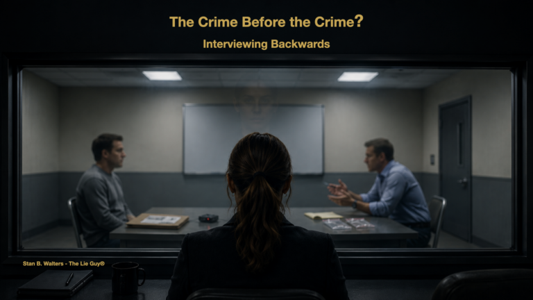 The Crime Before the Crime? Interviewing Backwards – investigator observing a subject interview through a one-way mirror, illustrating how effective investigative interviewing techniques can uncover the decisions and planning that preceded the criminal event.