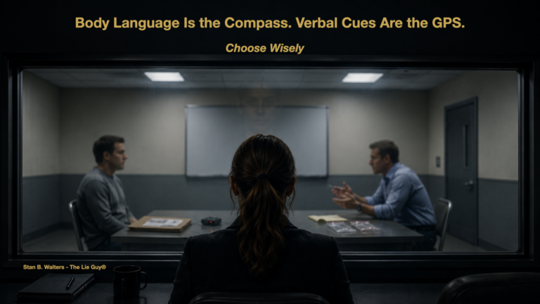 Investigator and subject seated in an interview room while a woman observes through one-way glass, reinforcing the importance of reliable words over body language.