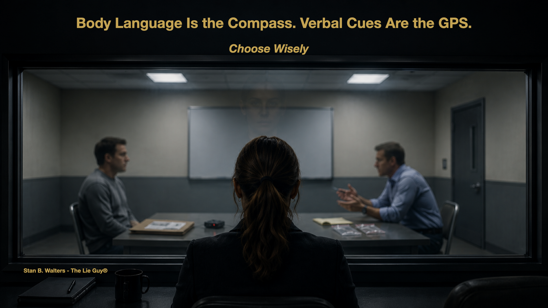 Investigator and subject seated in an interview room while a woman observes through one-way glass, reinforcing the importance of reliable words over body language.