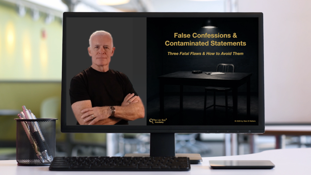 Stan Walters shown on a monitor beside the title slide for “False Confessions & Contaminated Statements: Three Fatal Flaws & How to Avoid Them.”