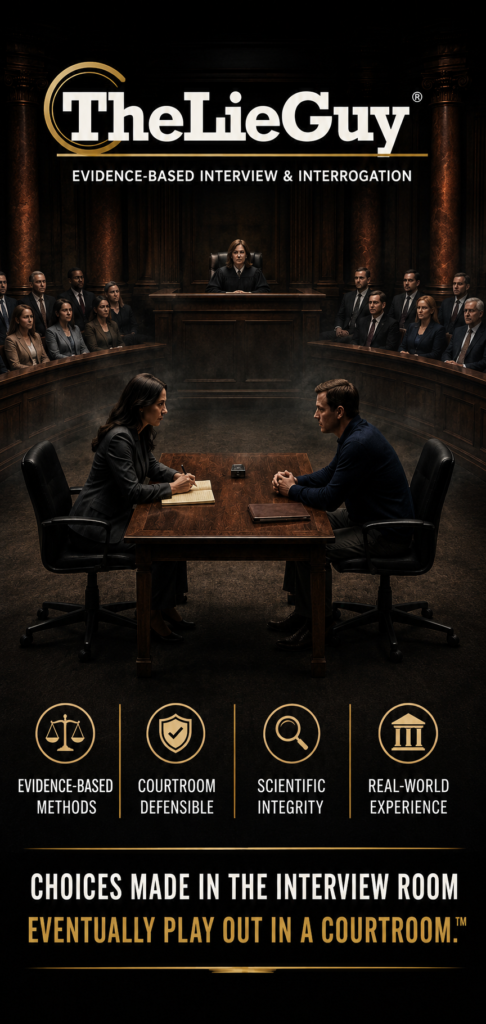 Evidence-based interview and interrogation courtroom scene with TheLieGuy logo representing interview decisions and courtroom consequences.