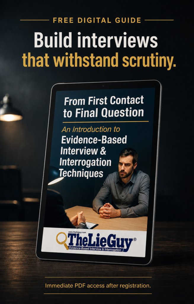 Alt text: Free digital guide, “From First Contact to Final Question,” introducing evidence-based interview and interrogation techniques.