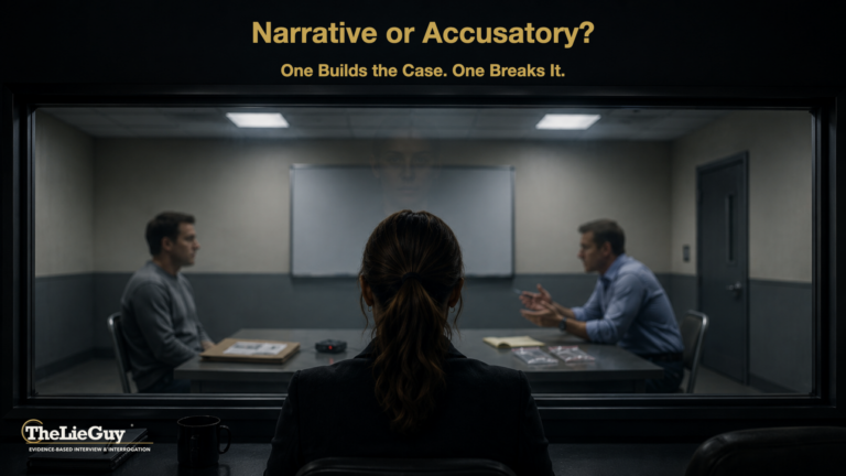 Alt text: Narrative Interviewing. Observer watches an investigative interview through one-way glass as an interviewer questions a seated subject. Text reads: “Narrative or Accusatory? One Builds the Case. One Breaks It.” The Lie Guy logo appears in the lower-left corner.