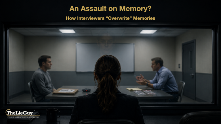 Interrogation room viewed through observation glass as an interviewer questions a seated subject, illustrating how interviewers overwrite memories.