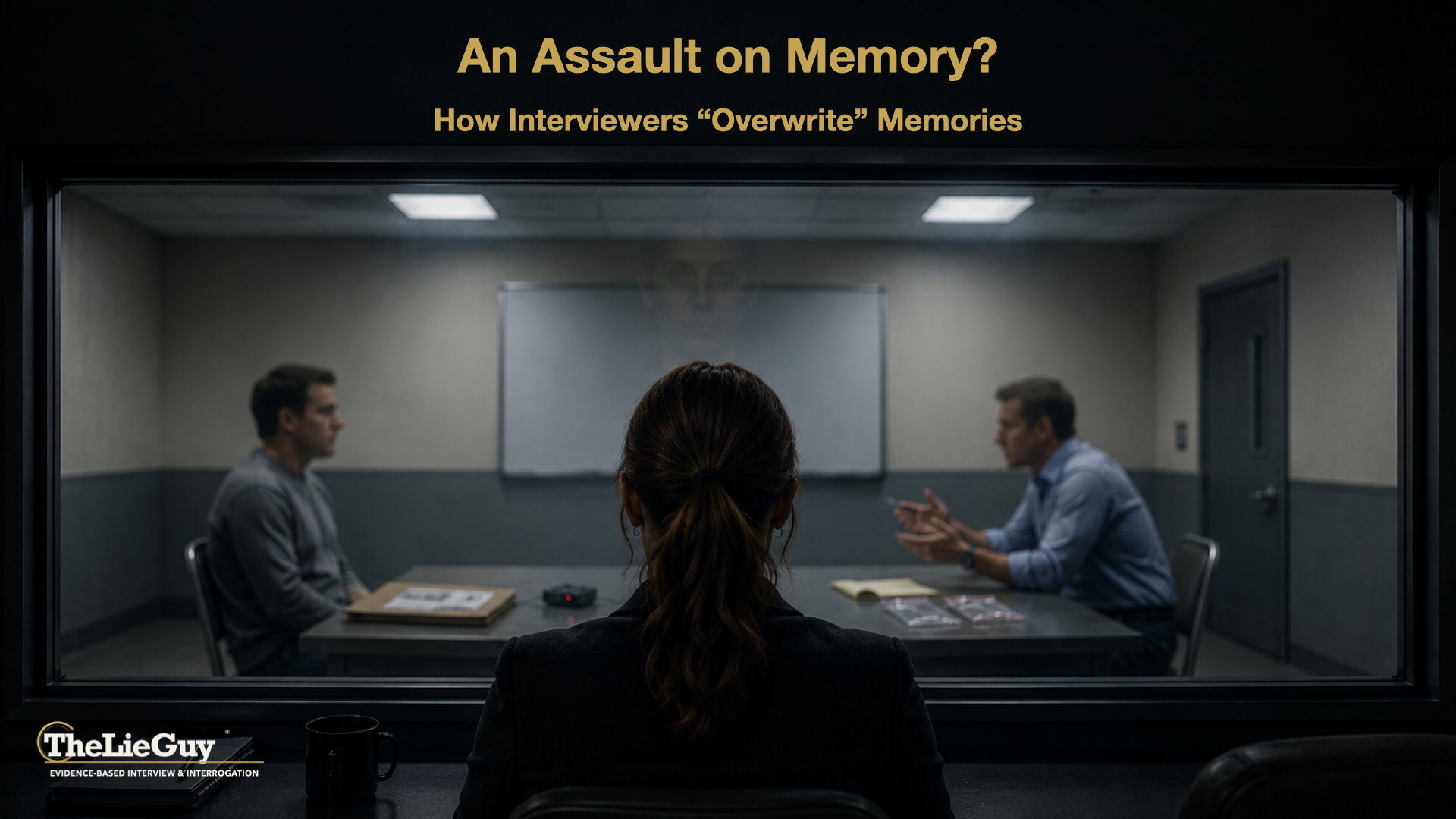 Interrogation room viewed through observation glass as an interviewer questions a seated subject, illustrating how interviewers overwrite memories.