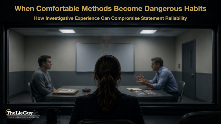 Illustration of investigative interviewing methods viewed through observation glass, showing how familiar interviewing methods and investigator assumptions can compromise statement reliability.