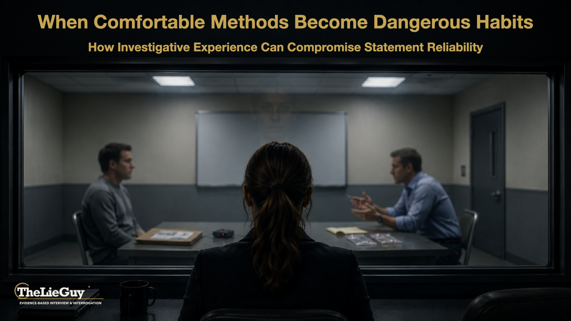 Illustration of investigative interviewing methods viewed through observation glass, showing how familiar interviewing methods and investigator assumptions can compromise statement reliability.