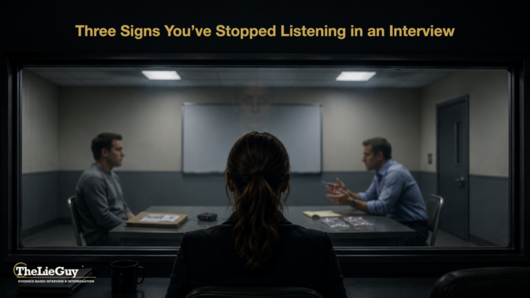 listening in investigative interviews. Observer watches an interviewer gesturing toward a seated man through an observation window, beneath the title “Three Signs You’ve Stopped Listening in an Interview.”